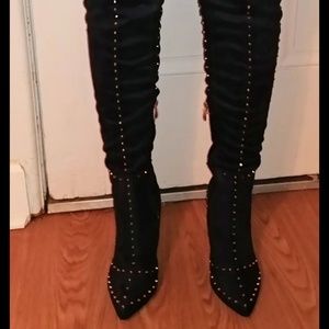 Blue suede studded thigh high boots